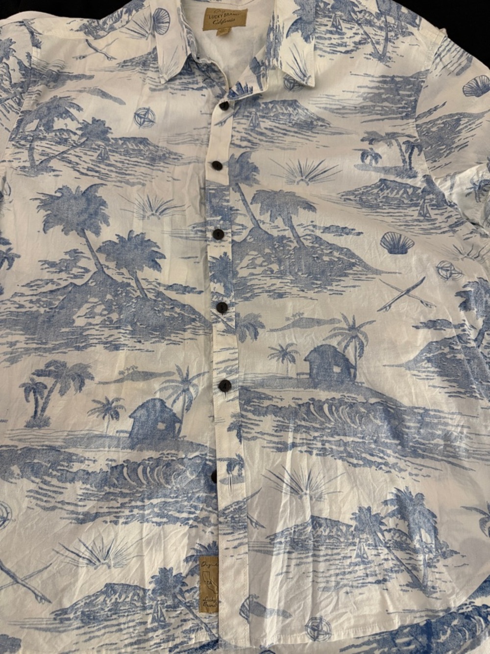 Lucky Brand White and Blue Tropical Print Button-Down Shirt